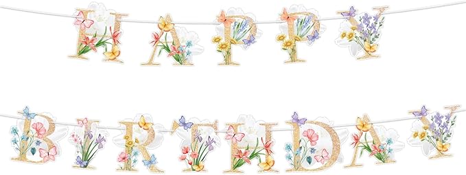 Lemicin Flower Butterfly Happy Birthday Banner Boho Wildflower and Butterflies Baby Banner Flower Birthday Decorations for...