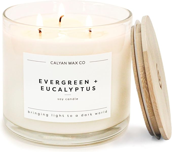 Calyan Wax Co. Evergreen & Eucalyptus 3 Wick Scented Candle - 43 Hour Burn - Luxury 3 Wick Soy Candles - Clean Soy Wax Can...