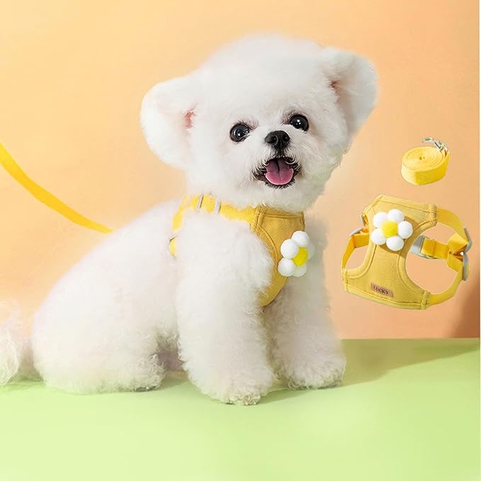 Dog Harness Backpack Cute Small Dog Vest Harness and Leash Set Plaid Soft Mesh Flower Pattern Dog Harness with Adjustable ...