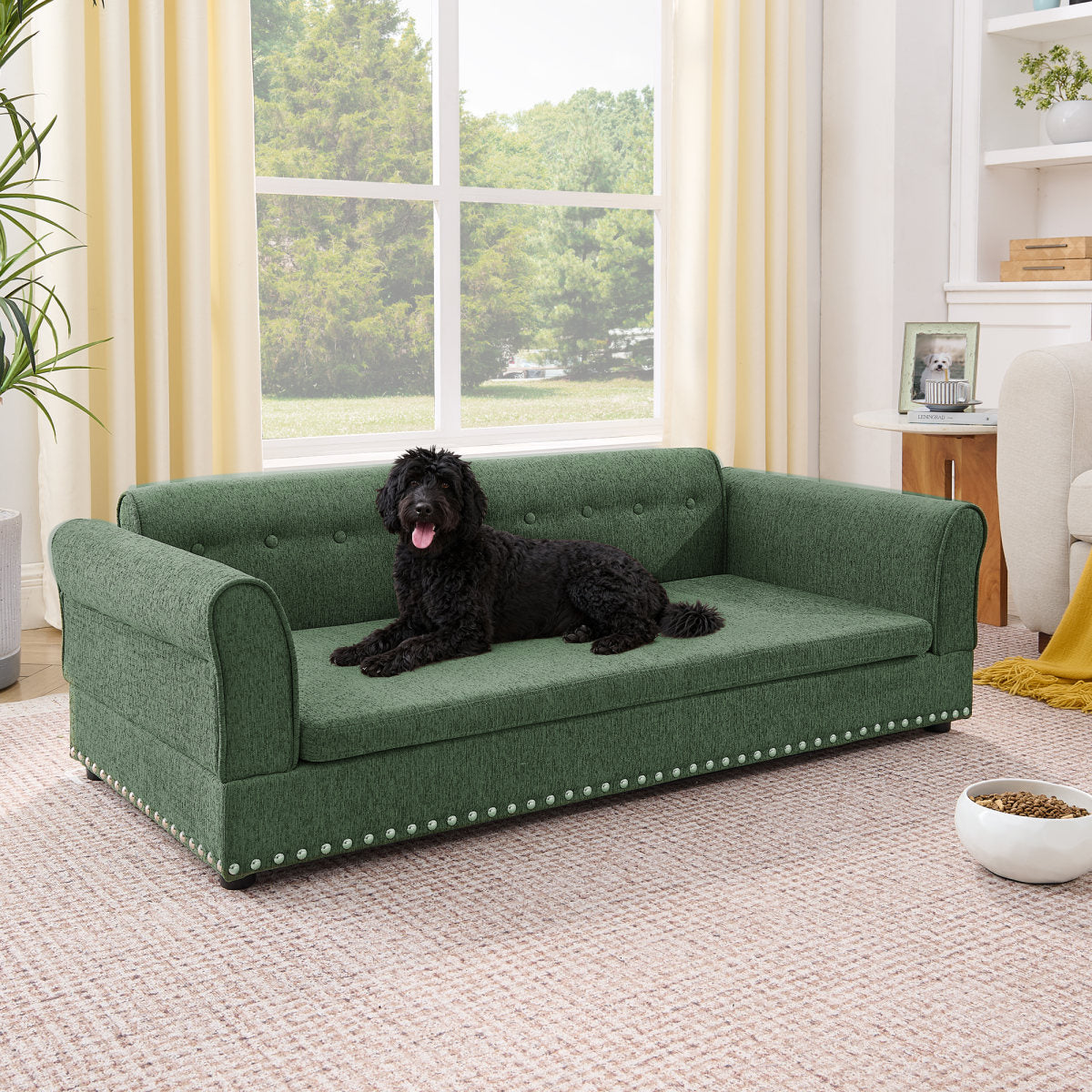Oversized Pet Sofa ,Elegant Modern Linen Fabric Elevated Dog Sofa Bed, Comfortable Oversized Rectangular Pet Bed With Backrest & Armrest For Large & Oversized Dogs-Olive Green