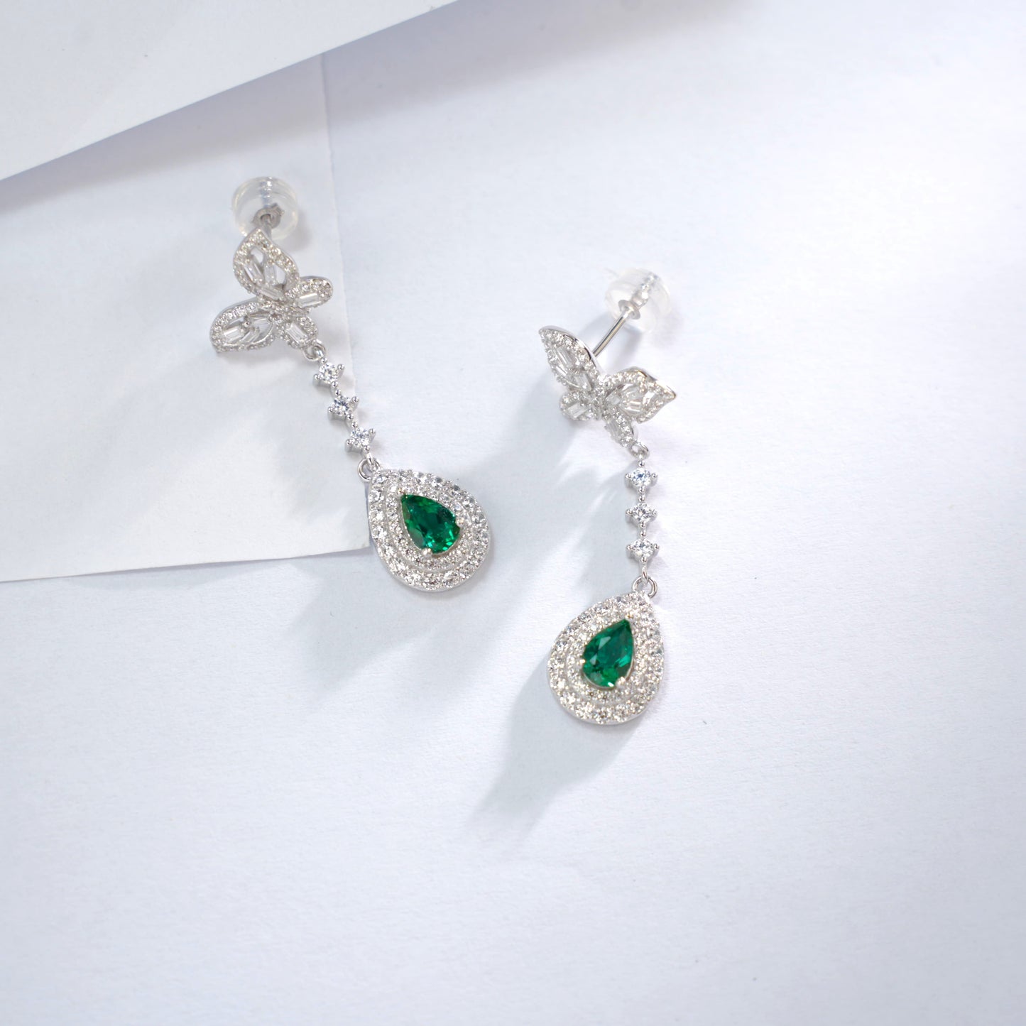 S925 Sterling Silver Bowknot Dangle Earrings, 6x4mm Pear Lab-Grown Ruby Sapphire Emerald, Platinum Plated 4.5g Women's Jewelry Gift Box