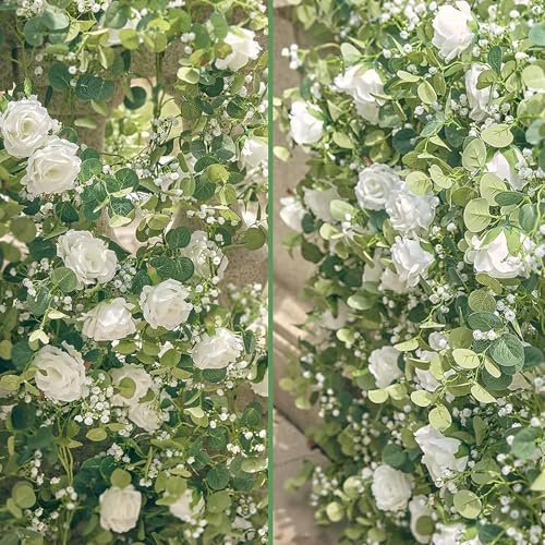 Anna's Whimsy 5.91FT Artificial Eucalyptus Garland with Flowers, Fake Flower Rose Gypsophila, Faux Floral Greenery Garland...