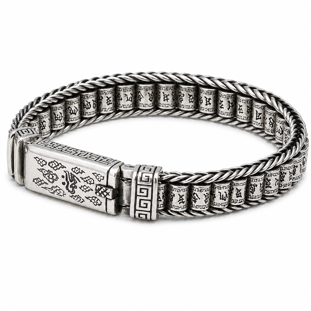 Antique Tibetan Mantra Braided Chain ID Bracelet For Men, Copper Plated Silver Vintage Oxidized Buddhist Scripture Biker Lucky Wrist Jewelry Gift