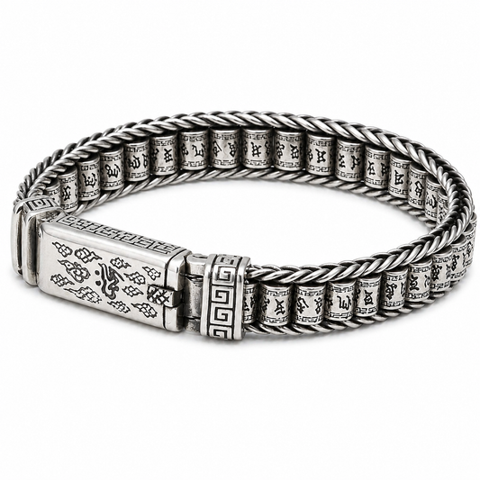 Antique Tibetan Mantra Braided Chain ID Bracelet For Men, Copper Plated Silver Vintage Oxidized Buddhist Scripture Biker Lucky Wrist Jewelry Gift