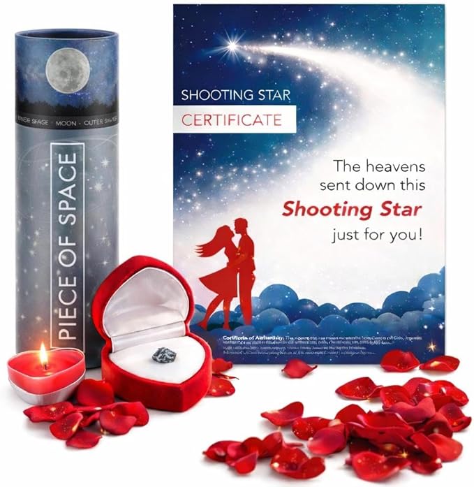 happylandgifts® Romantic Gift Set | Shooting Star | Unusual Gift | Real Meteorite in Red Heart Box | Tea Light | Rose Peta...