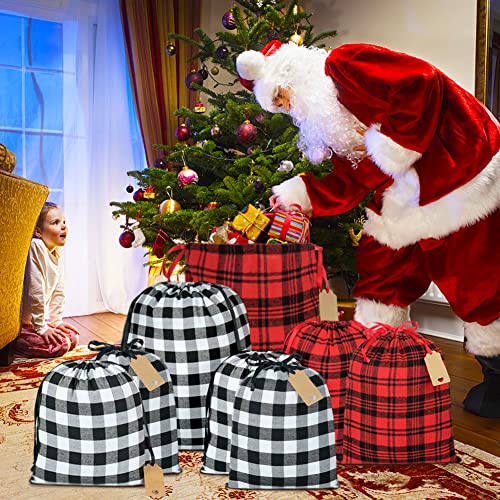 HRX Package Fabric Gift Bags Drawstring Assorted, 9pcs Reusable Christmas Wrapping Sacks Buffalo Plaid Cloth Bag with Gift...
