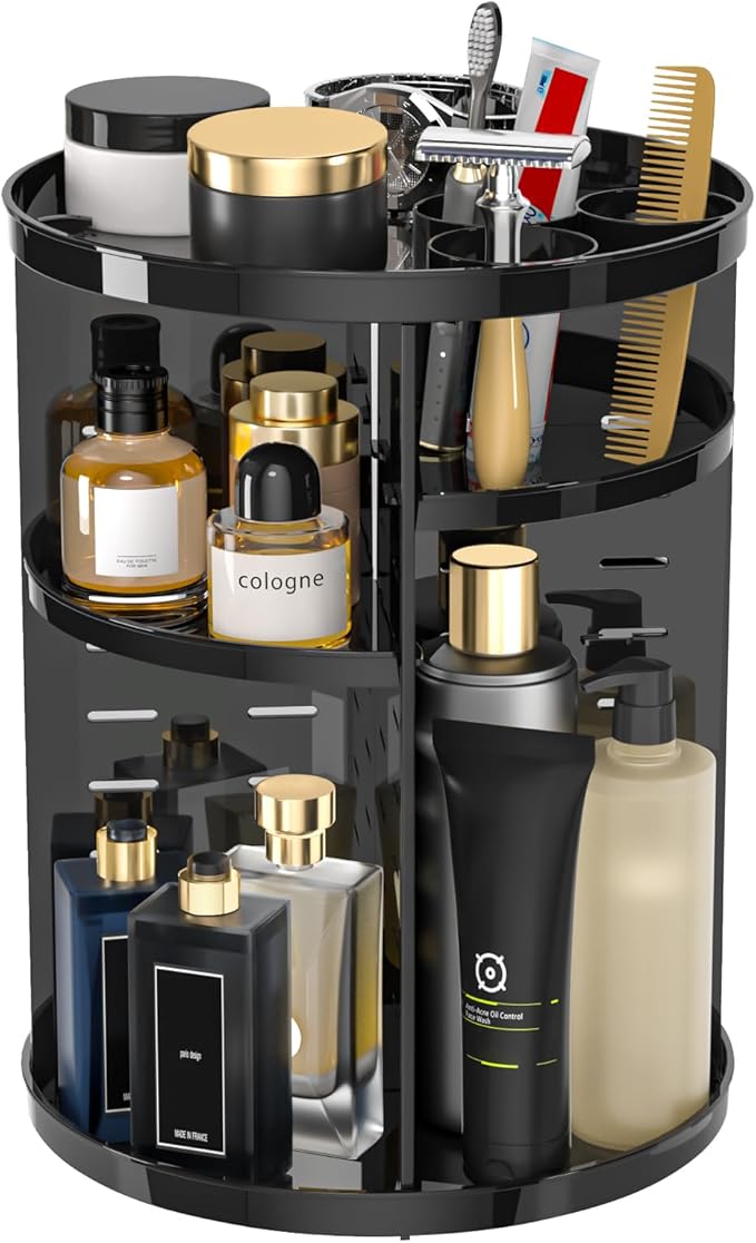 Jiavarry Rotating Makeup Organizer for Vanity, 360 Spinning Skincare Organizers with Adjustable Trays, Make Up Desk Storag...