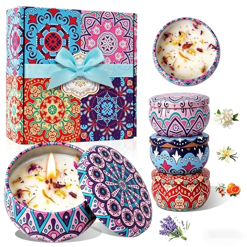 4 Pack Scented Candles for Mom, Aromatherapy Small Candles Gift Set with 8% Essential Oils, Natural Soy Candle with Floral...