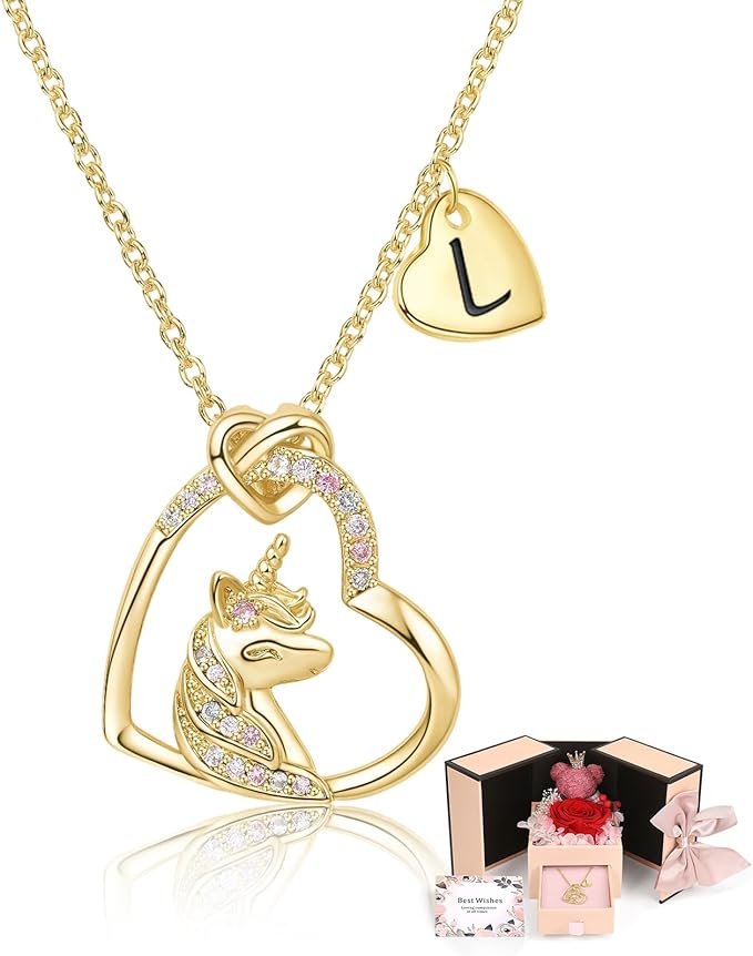 Mealcon Preserved Rose Bear Gift Box with Initial Necklace Real Eternal Flowers Romantic Gift for Women on Birthday Annive...