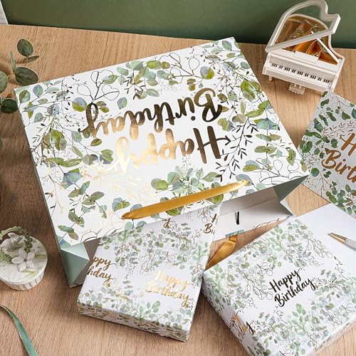WRAPAHOLIC 13" Large Birthday Gift Bag with Card and Tissue Paper - Green and Gold Foil Eucalyptus Paper Bags for Kids Bir...