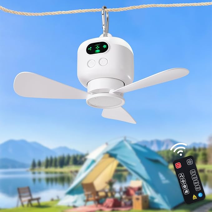 DIGLED Battery Operated Ceiling Fan: 11" Portable Camping RV Tent Fan with Lights - Outdoor Hanging Rechargeable 8000mAh -...