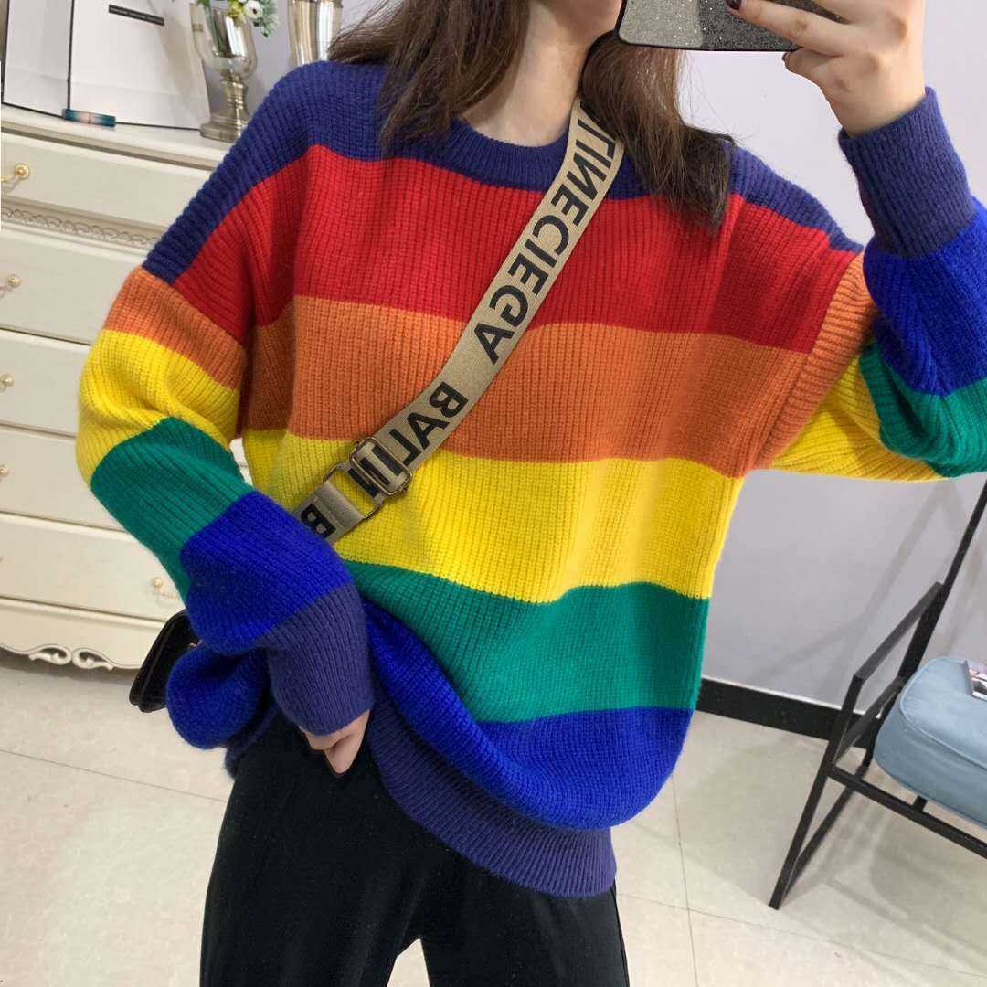 Rainbow Sweater Women's Loose-Fit Outerwear Korean Style