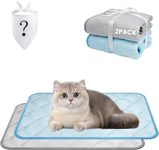 SUPRIY 2-Pack (Blue + Gray) Pet Cooling Mat Set - Ice Silk Cooling Pad & Fashion Bandana for Dogs & Cats (Small16.5 x21.6)