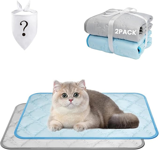 SUPRIY 2-Pack (Blue + Gray) Pet Cooling Mat Set - Ice Silk Cooling Pad & Fashion Bandana for Dogs & Cats (Small16.5 x21.6)