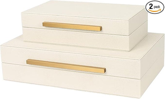ZIKOUL Beige Shagreen Decorative Storage Boxes – Set of 2 Faux Leather Jewelry & Memory Boxes with Gold Metal Handles, Nes...