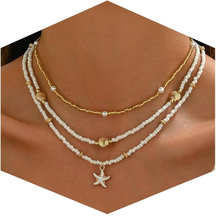Shell Starfish Necklace for Women, 14k Gold Plated Boho Layered Beaded Charm Pendant Necklace, Dainty Adjustable Pearl Con...