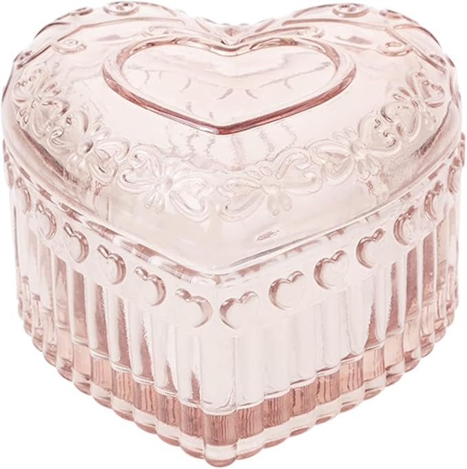 MTJYQYF Vintage Glass Jewelry Box - Heart Shaped Display Box for Storage Ring Earring Trinket Jewelry, Pink Cute Room Deco...
