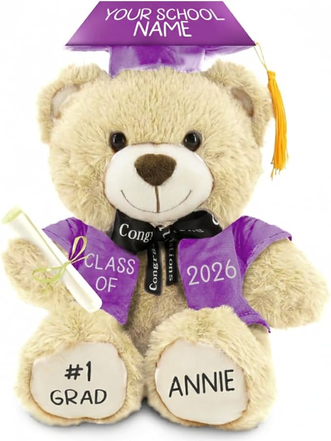 Printualist Personalized Graduation Teddy Bear Gift 2026 for Her Him, College, High School, 12 Inch - Cute Custom Beige Be...