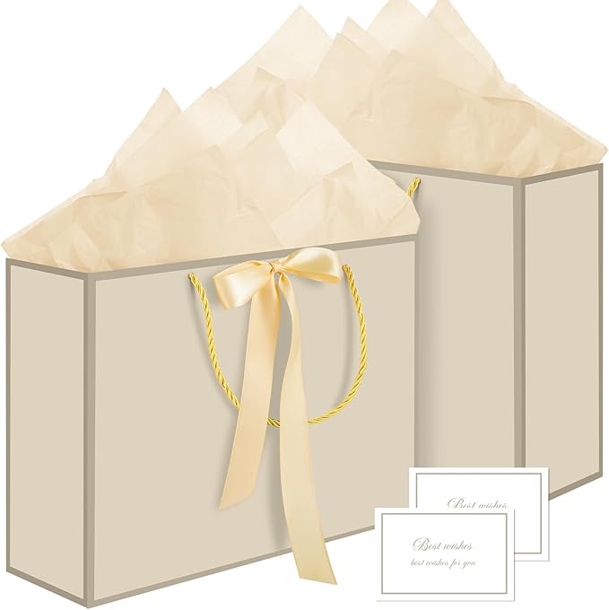 woric 2 Pcs Gift Bags with Handles, 14" Medium Gift Bag with 4 Tissue Paper & 2 Cards Gold Bag for Bridal Shower Wedding M...