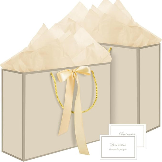 woric 2 Pcs Gift Bags with Handles, 14" Medium Gift Bag with 4 Tissue Paper & 2 Cards Gold Bag for Bridal Shower Wedding M...