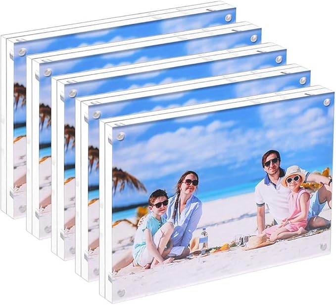 JUOIFIP 5 Pack Acrylic Picture Frame 5x7 Clear Double Sided Magnetic Picture Frameless Desktop Display Photo Frame with St...