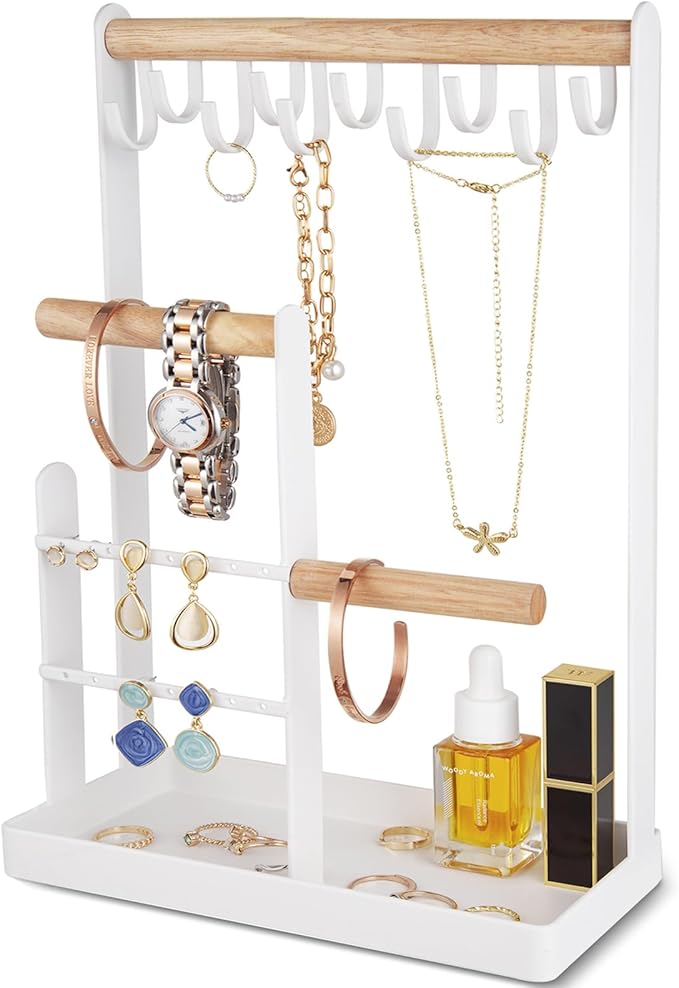 ProCase Jewelry Stand Holder Organizer, 4-Tier Necklace Holder with Ring Tray, 10 Hooks Necklaces Hanging Small Jewelry Di...