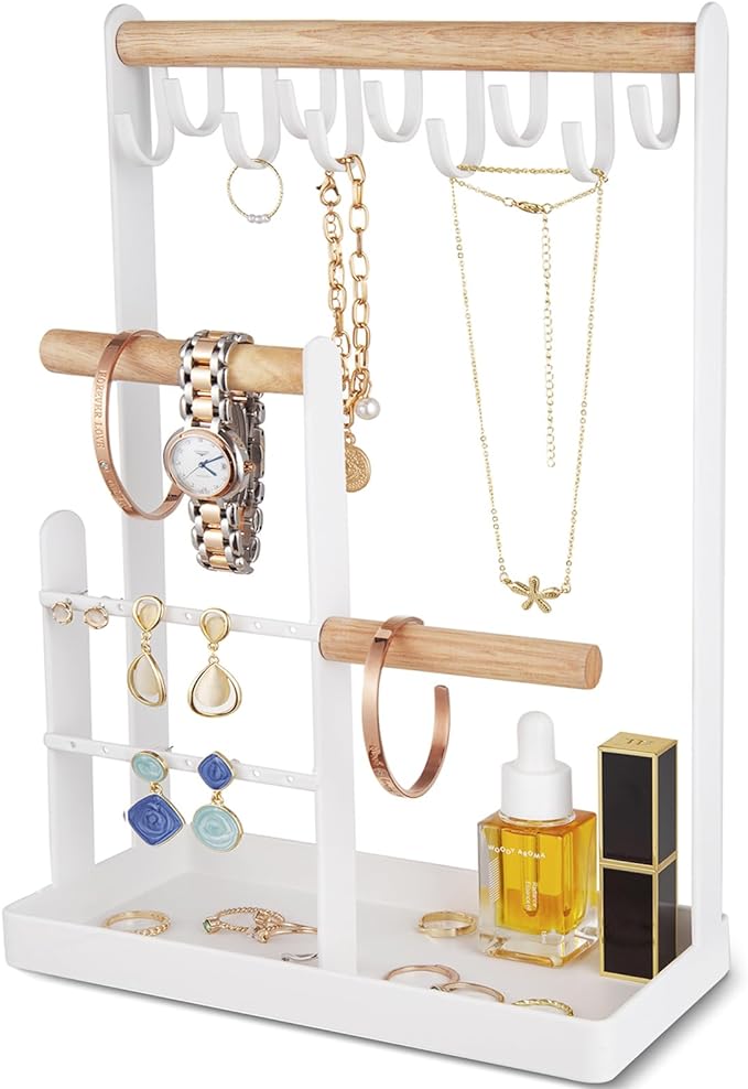 ProCase Jewelry Stand Holder Organizer, 4-Tier Necklace Holder with Ring Tray, 10 Hooks Necklaces Hanging Small Jewelry Di...