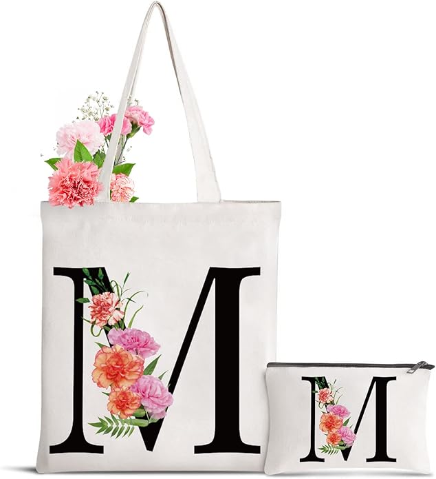 Sanuurfky Letter Initial Canvas Tote Bag Personalized Present Bag Gift for Mother's Day Bridesmaids Bride Birthday Wedding