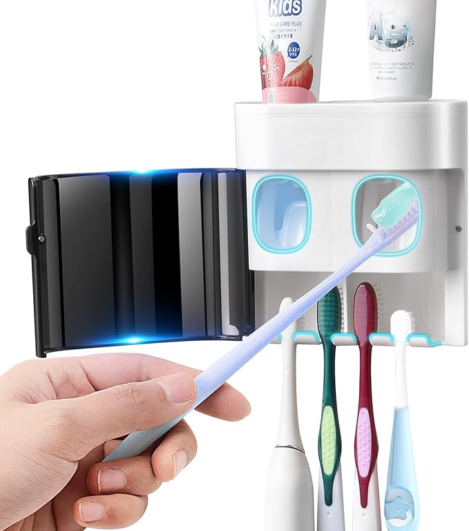 GFWARE Toothbrush Holder Toothpaste Dispenser Wall Mounted with Cover, 4 Slots Tooth Brush Storage Organizer with Automati...