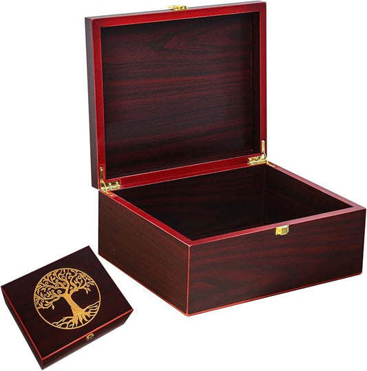 Youdear Memorials Tree of Life Red Wooden Keepsake Box - Large Decorative Storage Box with Lid