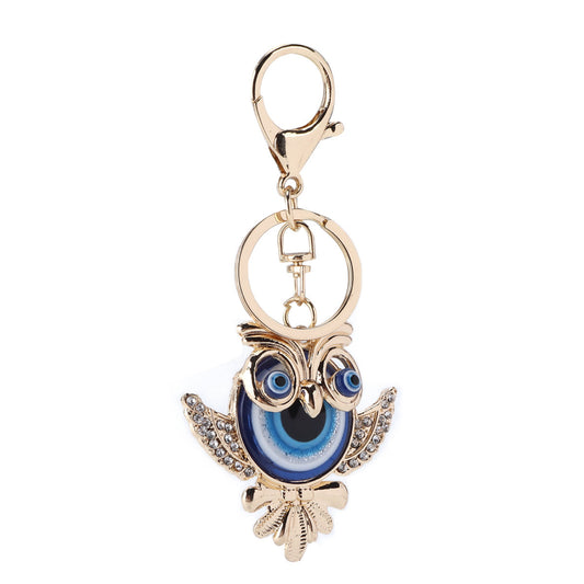 Rhinestone Keychain Fashion Jewelry Bag Purse Accessories With Owl Blue Turkish Evil Eye Pendant