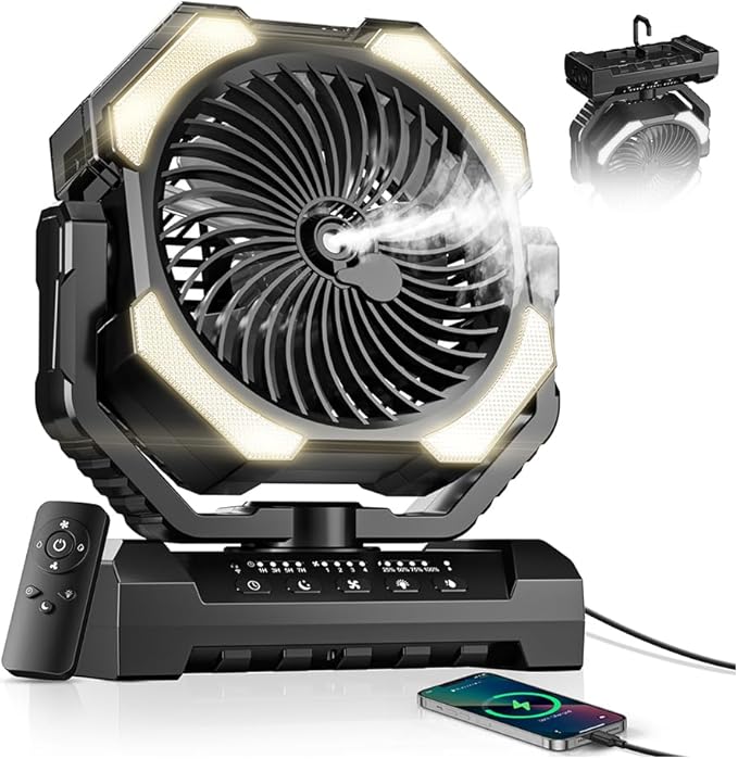 Misting Fan, Portable Camping Fans with 9oz Water Tank, 24000mAh Rechargeable Fan with 4 Speed, Battery Powered Fans with ...
