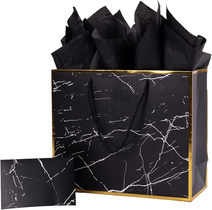 ysmile Marble Black 12" Premium Gift Bag with Tissue Paper for Men Birthday Anniversary Father Day