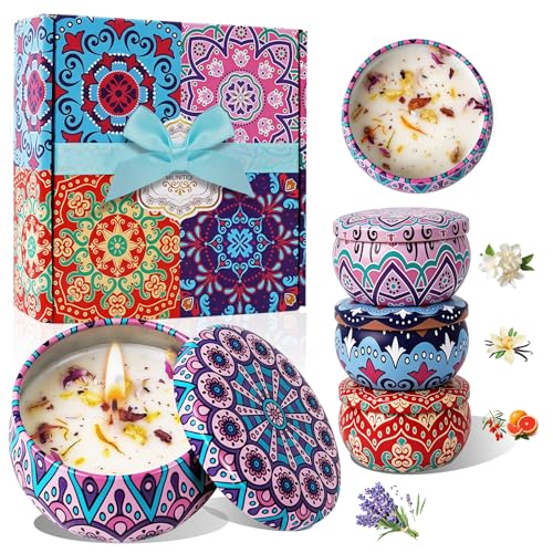 4 Pack Scented Candles for Mom, Aromatherapy Small Candles Gift Set with 8% Essential Oils, Natural Soy Candle with Floral...