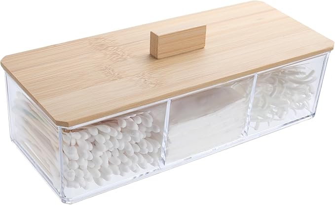 Sohalejr Wood Qtip Holder 3 Compartments Cotton Ball and Swab Holder Organizer with Lid,Jar for Cotton Rounds,Bathroom Con...