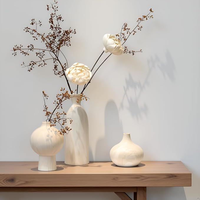 SincereLuxe White Ceramic Vase Set of 3 in Beige, Modern Aesthetic Stone-Look Textured Pottery Vases for Shelf & Bookshelf...