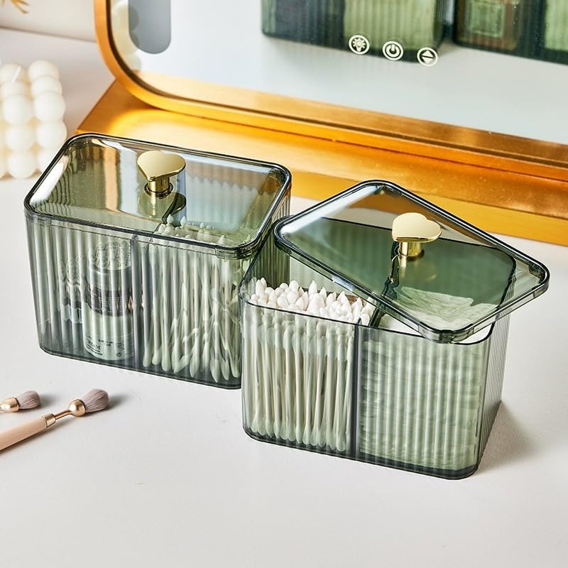 WIWIUXY Qtips Holder Bathroom Container,3-Section Cotton Ball/Swabs Dispenser,3 Grids Apothecary Jar Organizer, Cosmetics ...