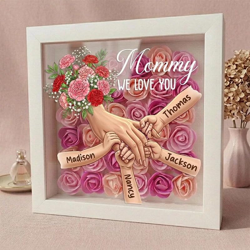 Personalized Mommy Holding Hands Flower Shadow Box with Kids Name Custom Kids Names Carnation Floral Heart Frame, Premium ...
