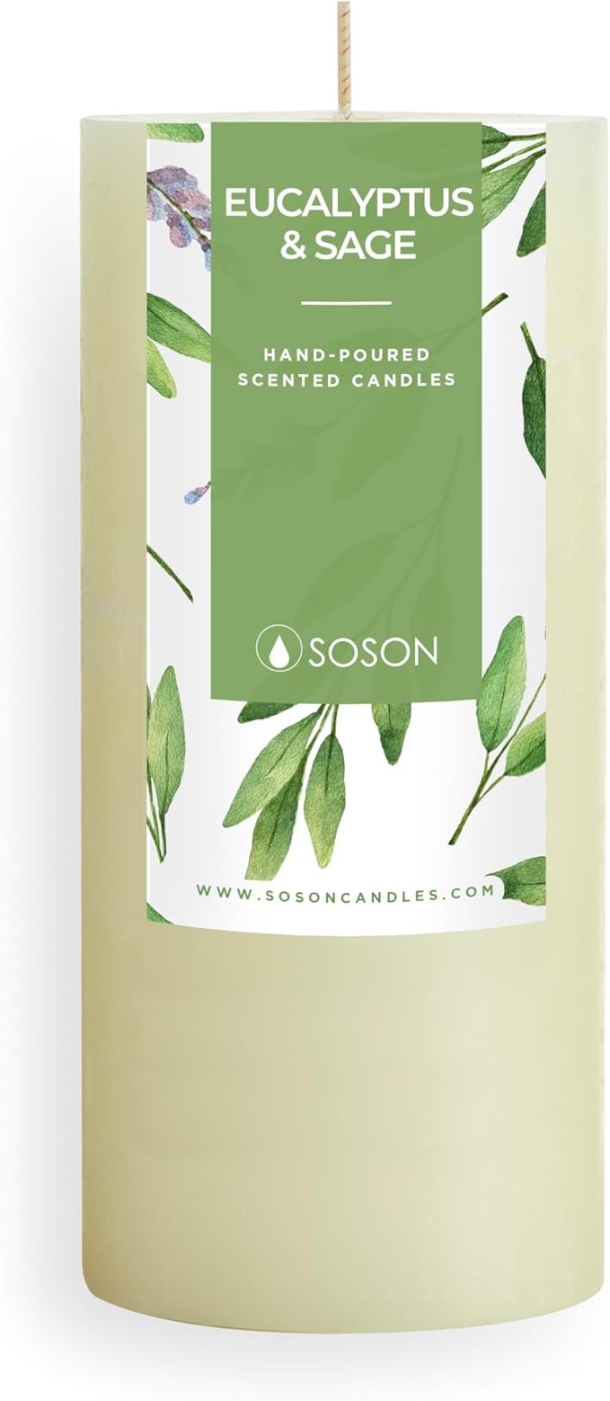 Simply Soson 3x6 inch Ivory Rustic Eucalyptus and Sage Pillar Scented Candle - 1 Piece - for Home Decor, Aromatherapy, Wed...