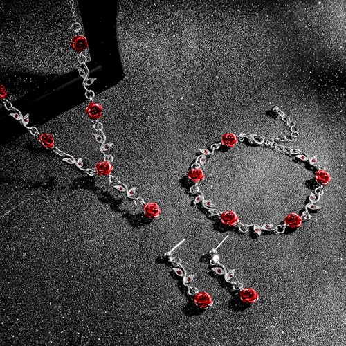 WJIAAA MBAIYO Red Rose Jewelry Set, 3Pcs Red Roses Flower Necklaces for Women Rose Dangle Necklace Bracelet Set Vintage Ea...