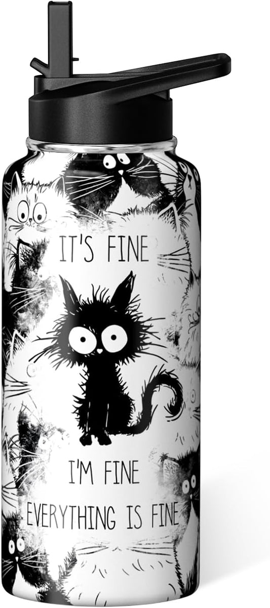 Hqhzaha Cat Water Bottle 32oz Vacuum Insulated Funny Water Bottles Thermoses with Straw Lid Cat Gifts for Cat Lovers Owner...