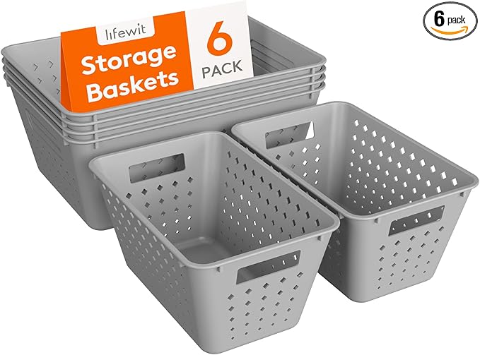 Lifewit Plastic Storage Basket for Organizing, 6 Pack Stackable Open Containers, Multi Size Storage Bins for Shelving, Pan...