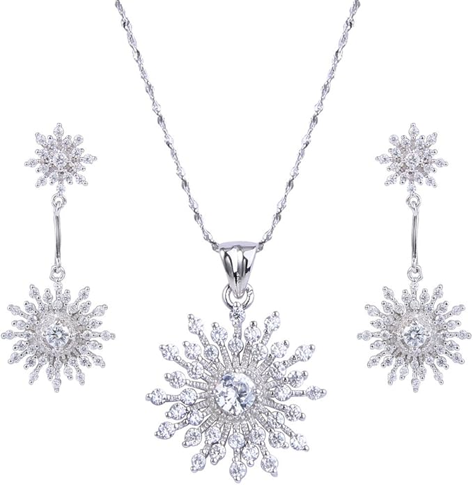 EVER FAITH Snowflake Jewelry Set White Cubic Zirconia Winter Party Prom 925 Sterling Silver Post Snow Flower Pendant Neckl...