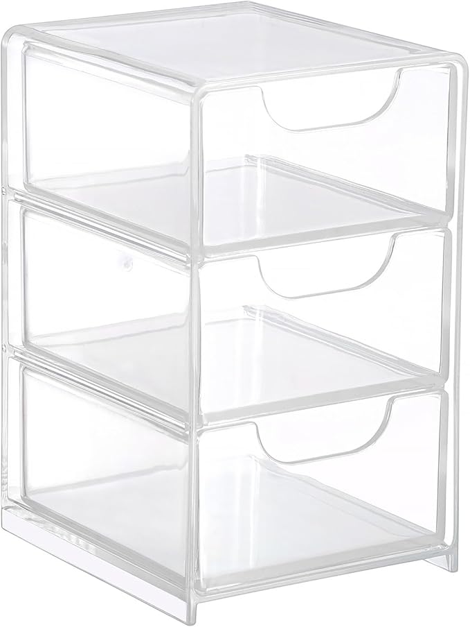 Hipiwe Acrylic Drawer Organizer Qtip Holder for Cotton Pad Cotton Swabs Makeup Storage Drawer with 3 Drawers Clear Desk Dr...