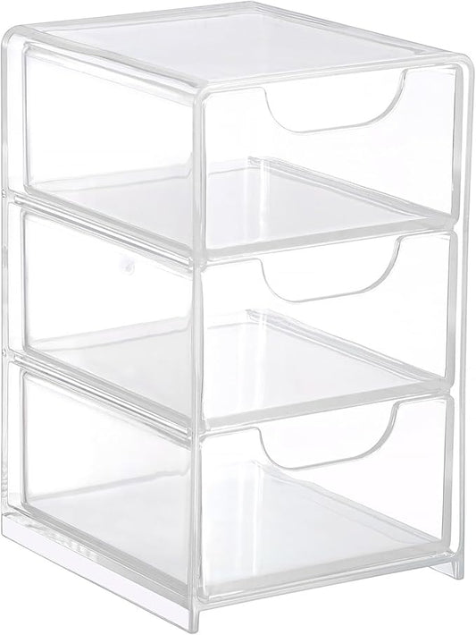Hipiwe Acrylic Drawer Organizer Qtip Holder for Cotton Pad Cotton Swabs Makeup Storage Drawer with 3 Drawers Clear Desk Dr...