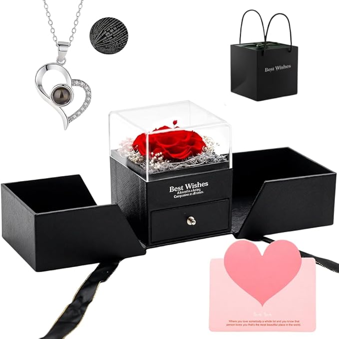 Preserved Real Rose with Heart I Love You Necklaces for Women in 100 Languages - Eternal Red Flowers Gifts for her Romanti...
