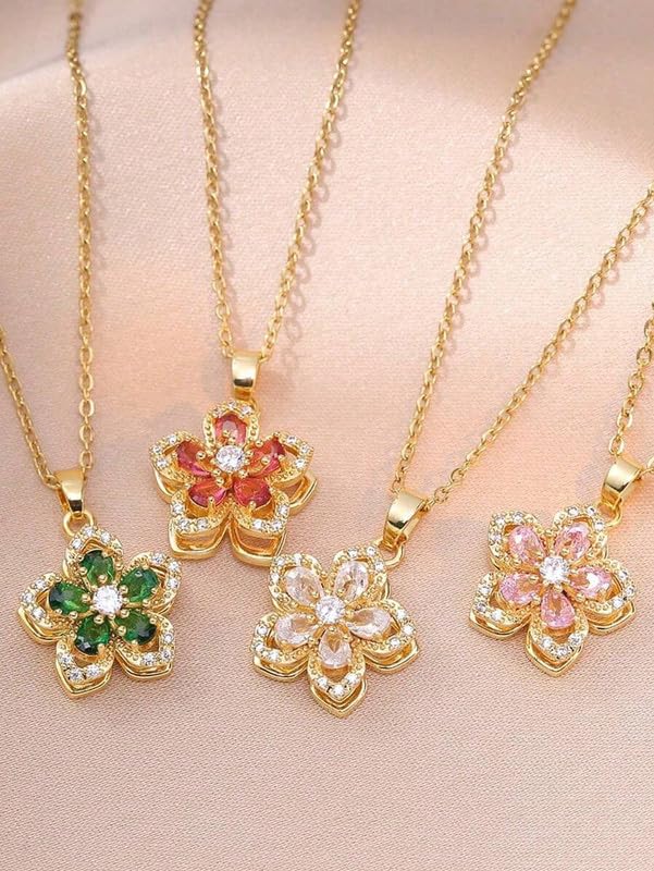 Elegant Zirconia Flower Pendant Necklace Vintage Gold Plated Crystal Bauhinia Necklaces for Women Birthday Valentine's Gift
