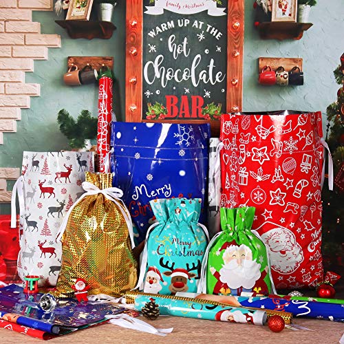 HRX Package Holiday Drawstring Gift Bags, 30pcs Christmas Foil Gift Wrapping Sacks Pouches for Xmas Presents Party Favor (...