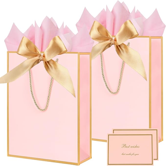 Gift Bags for Presents, 2 Pack Medium Paper Bags with Bow Ribbon Tissue Paper Cards Thank You Gift Bag with Handles for Ch...