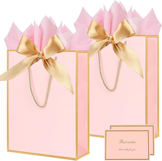 Gift Bags for Presents, 2 Pack Medium Paper Bags with Bow Ribbon Tissue Paper Cards Thank You Gift Bag with Handles for Ch...